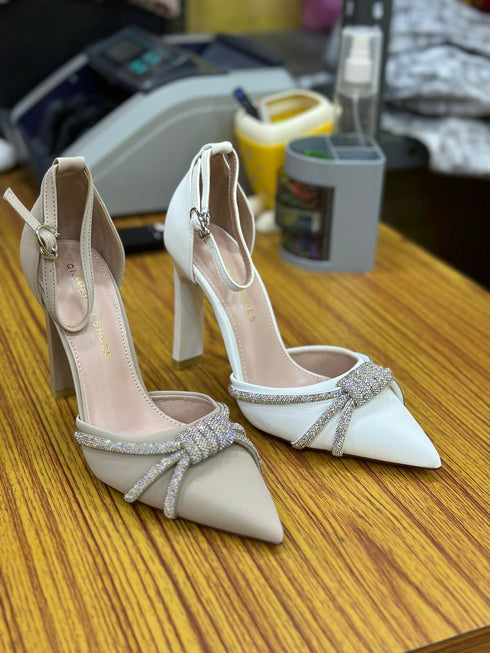 Rhinestone Embedded Pointy Ankle Strap Heels